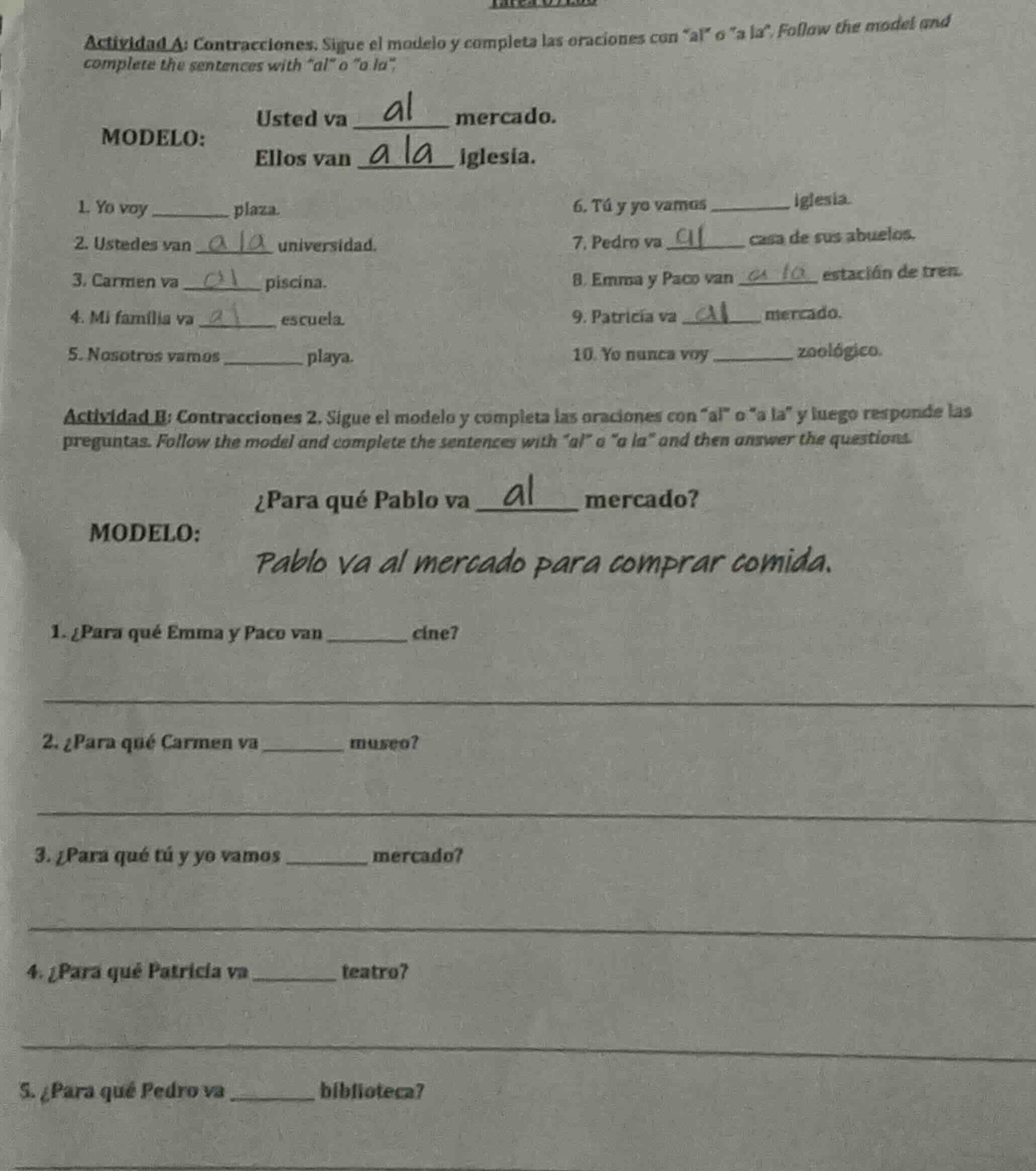 actividad a: contracciones. sigue el modelo y completa las oraciones co…