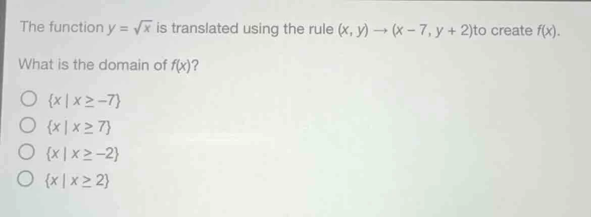 the function $y = \\sqrt{x}$ is translated using the rule $(x, y) \\to …