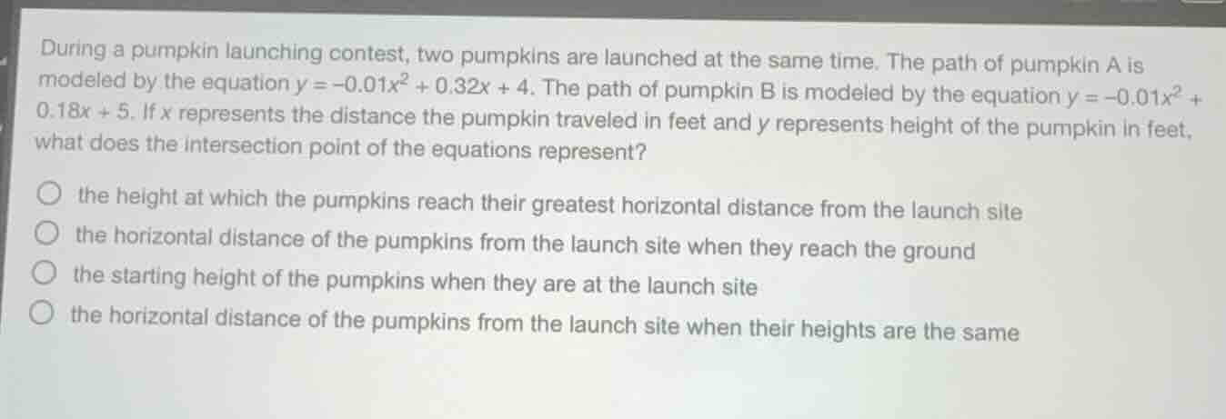 during a pumpkin launching contest, two pumpkins are launched at the sa…