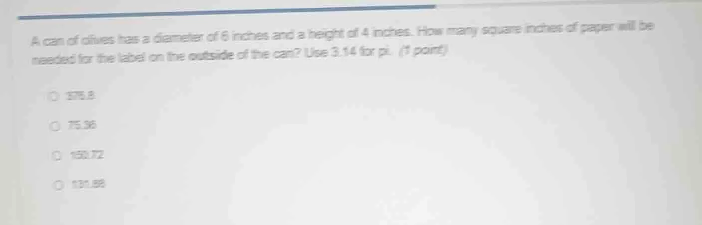 a can of olives has a diameter of 6 inches and a height of 4 inches. ho…