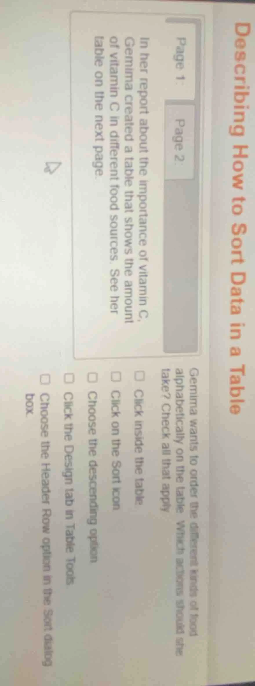 describing how to sort data in a table page 1: page 2: in her report ab…