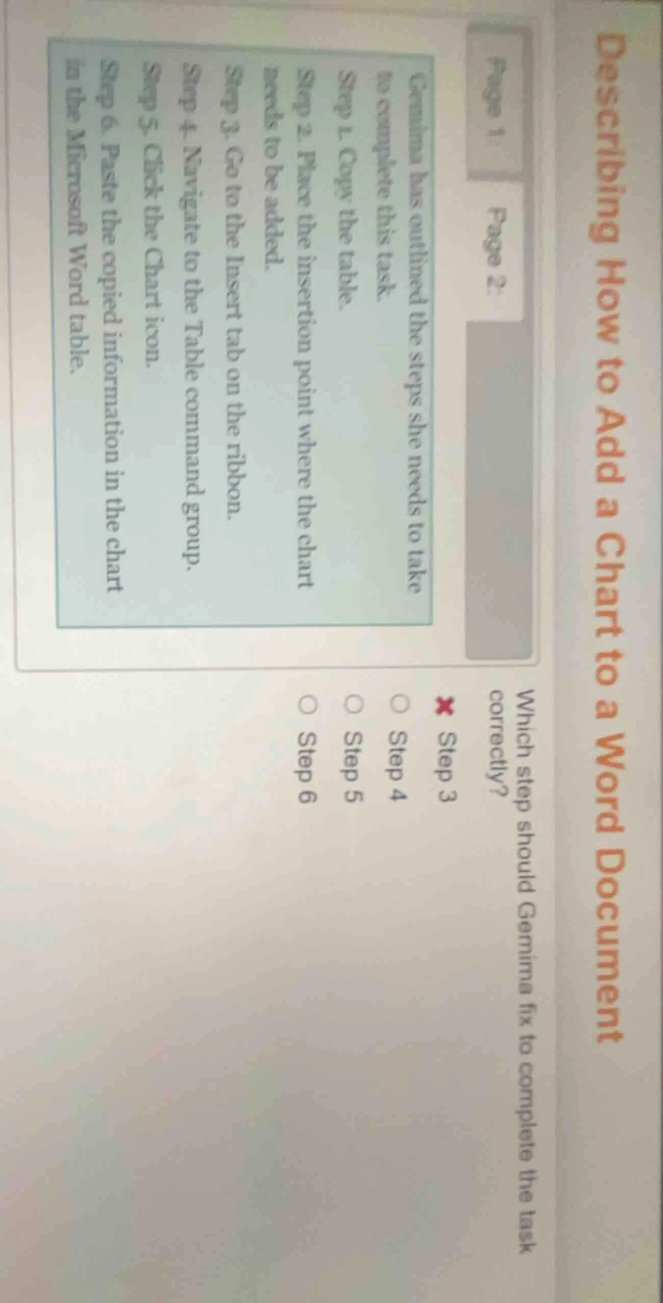 describing how to add a chart to a word document page 1: page 2: gemima…
