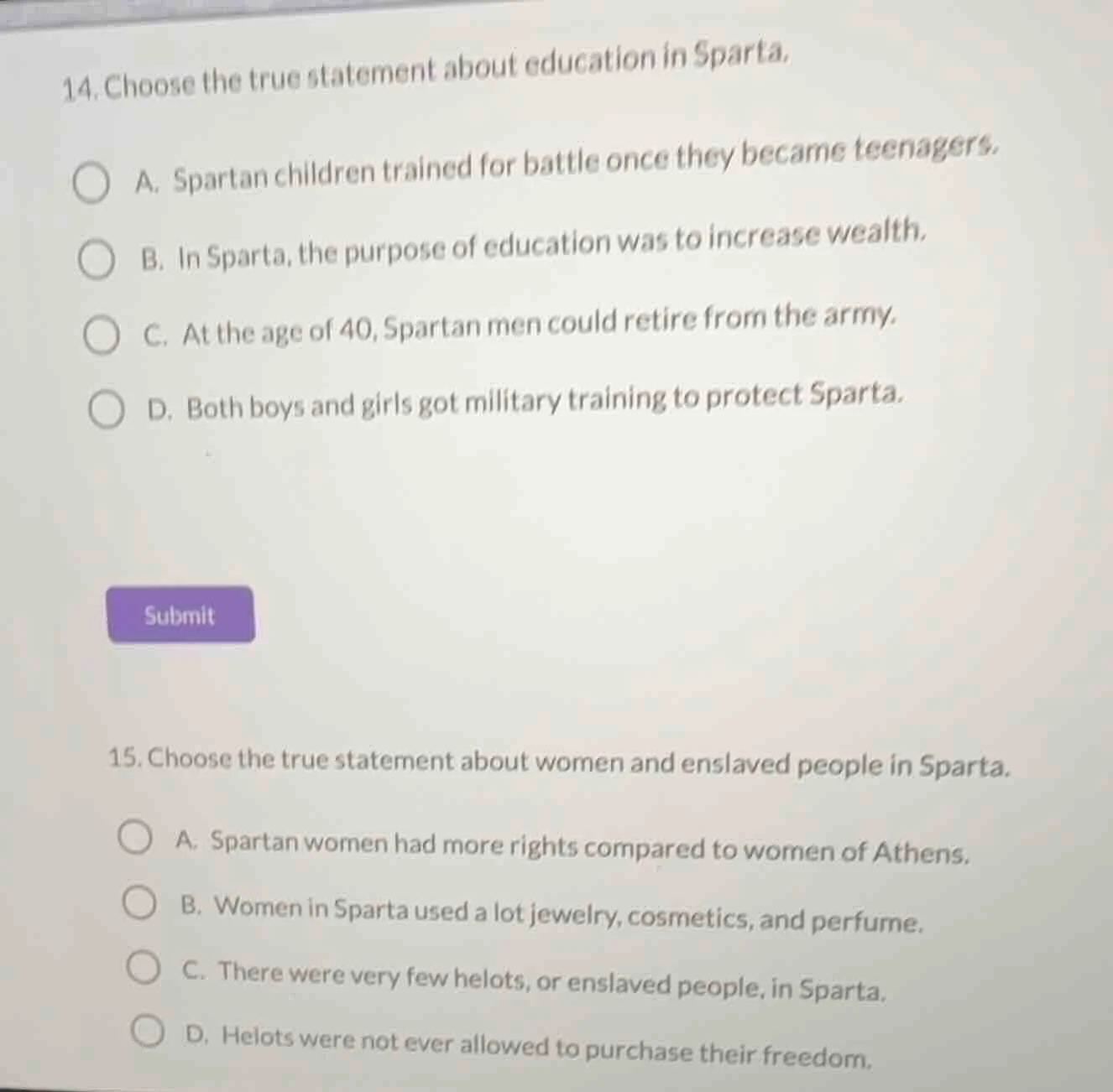14. choose the true statement about education in sparta. a. spartan chi…