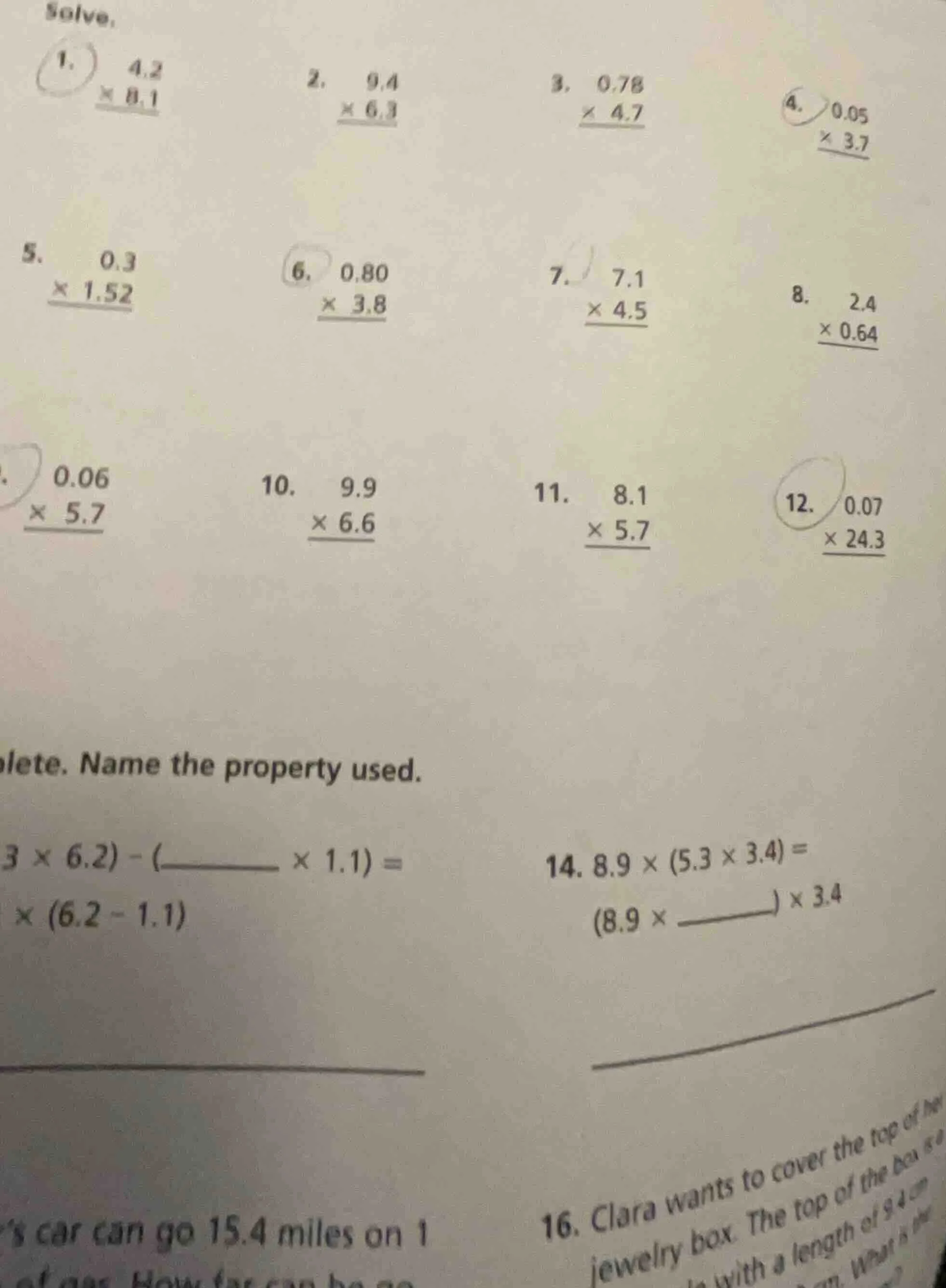 solve.1. $4.2 \\times 8.1$2. $9.4 \\times 6.3$3. $0.78 \\times 4.7$4. $…