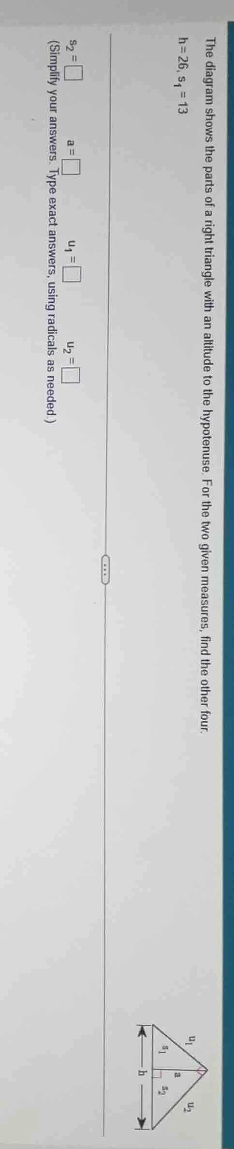 the diagram shows the parts of a right triangle with an altitude to the…