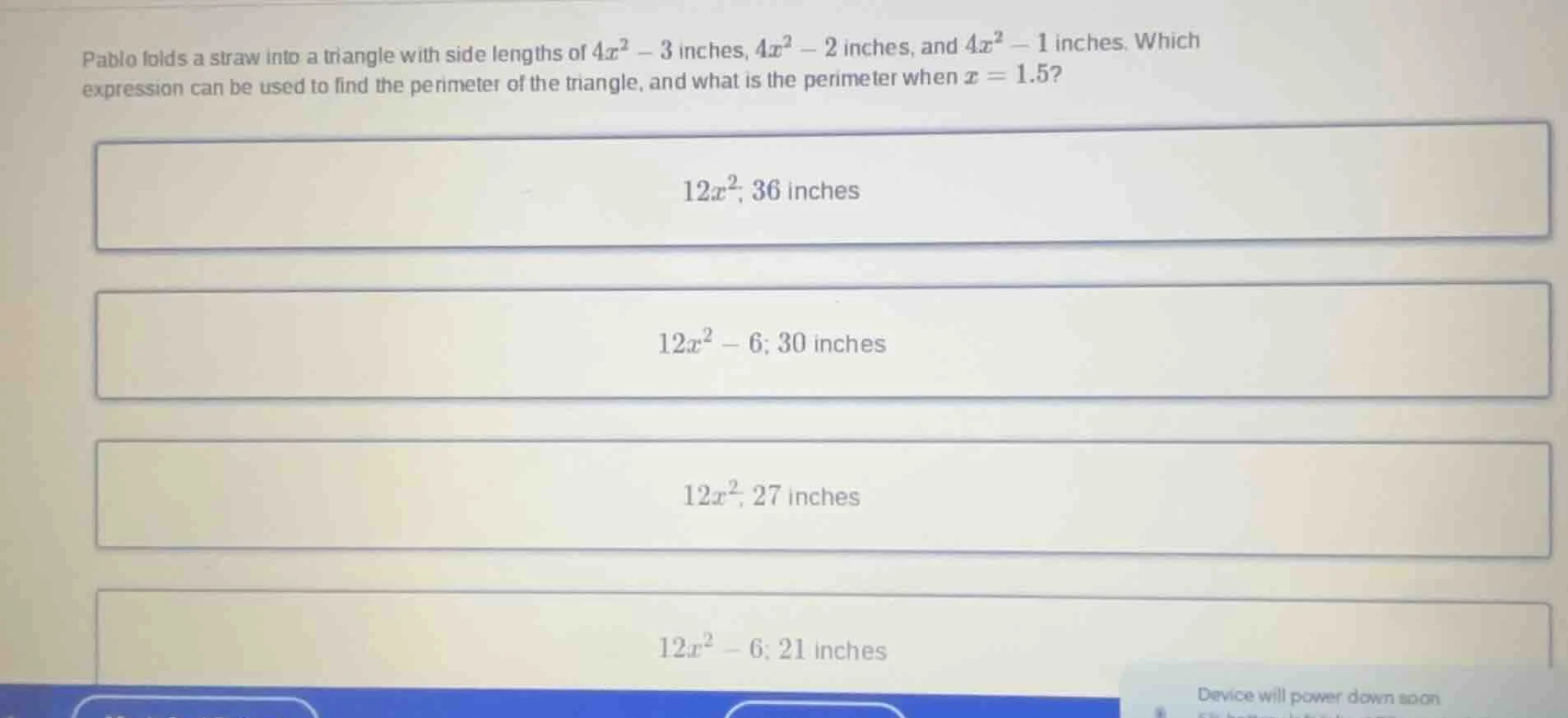 pablo folds a straw into a triangle with side lengths of $4x^2 - 3$ inc…