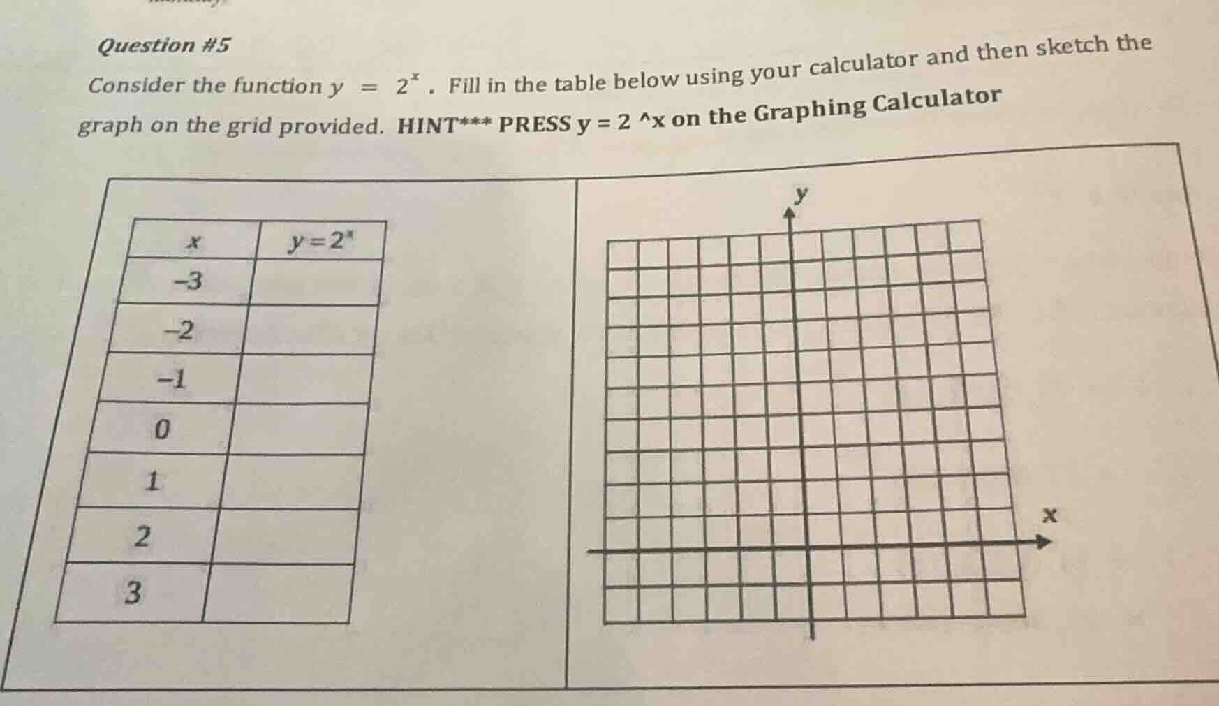 question #5 consider the function $y = 2^{x}$. fill in the table below …