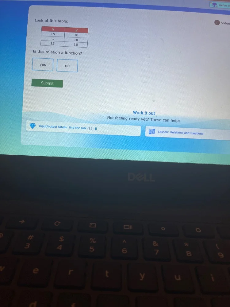 look at this table: x y 15 10 2 10 15 16 is this relation a function? y…