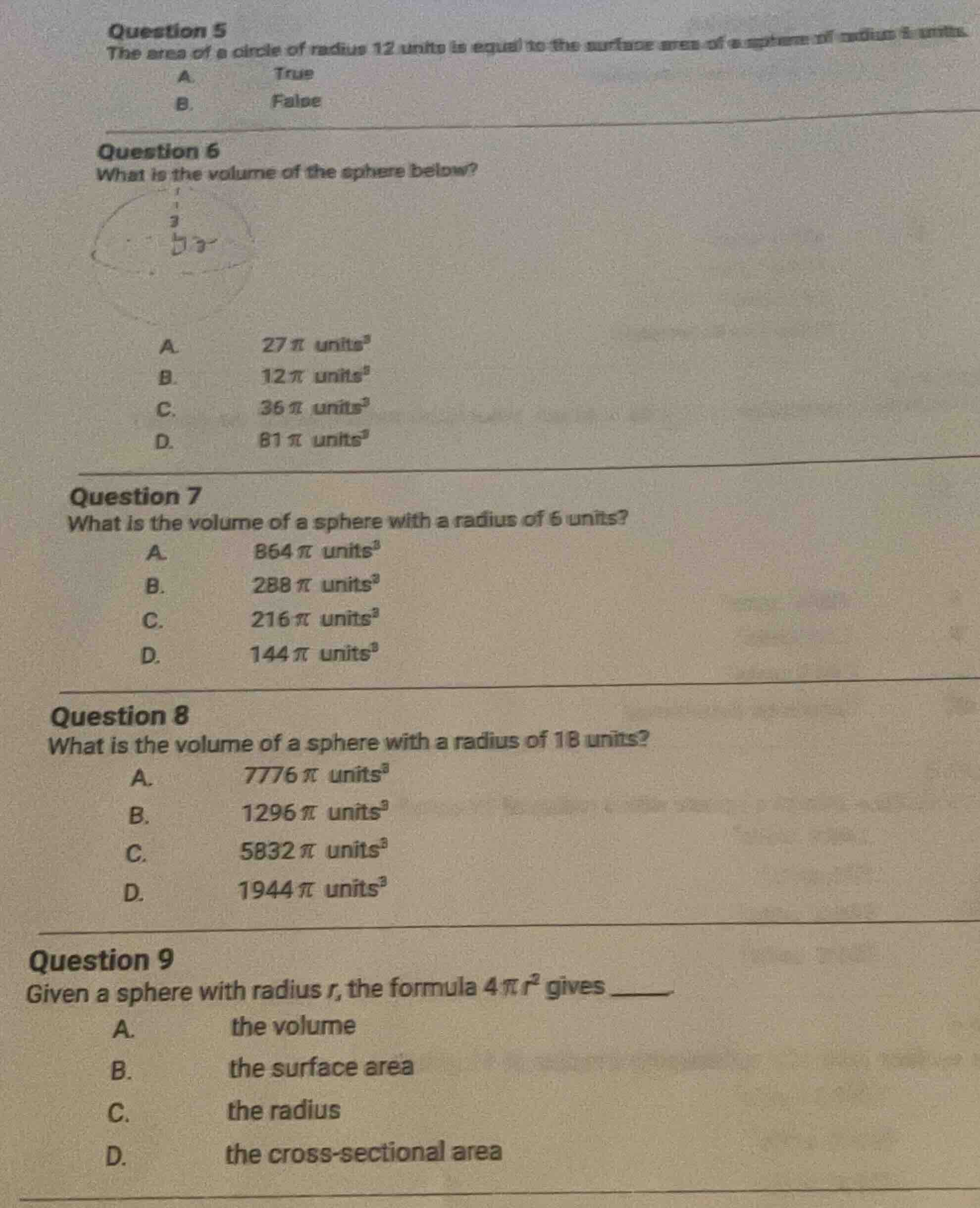question 5 the area of a circle of radius 12 units is equal to the surf…