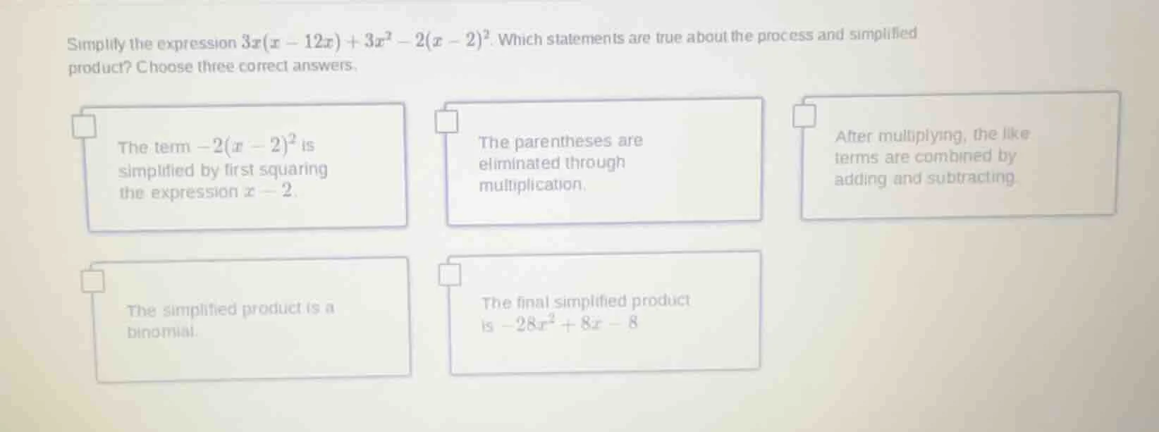 simplify the expression $3x(x - 12x)+3x^{2}-2(x - 2)^{2}$. which statem…