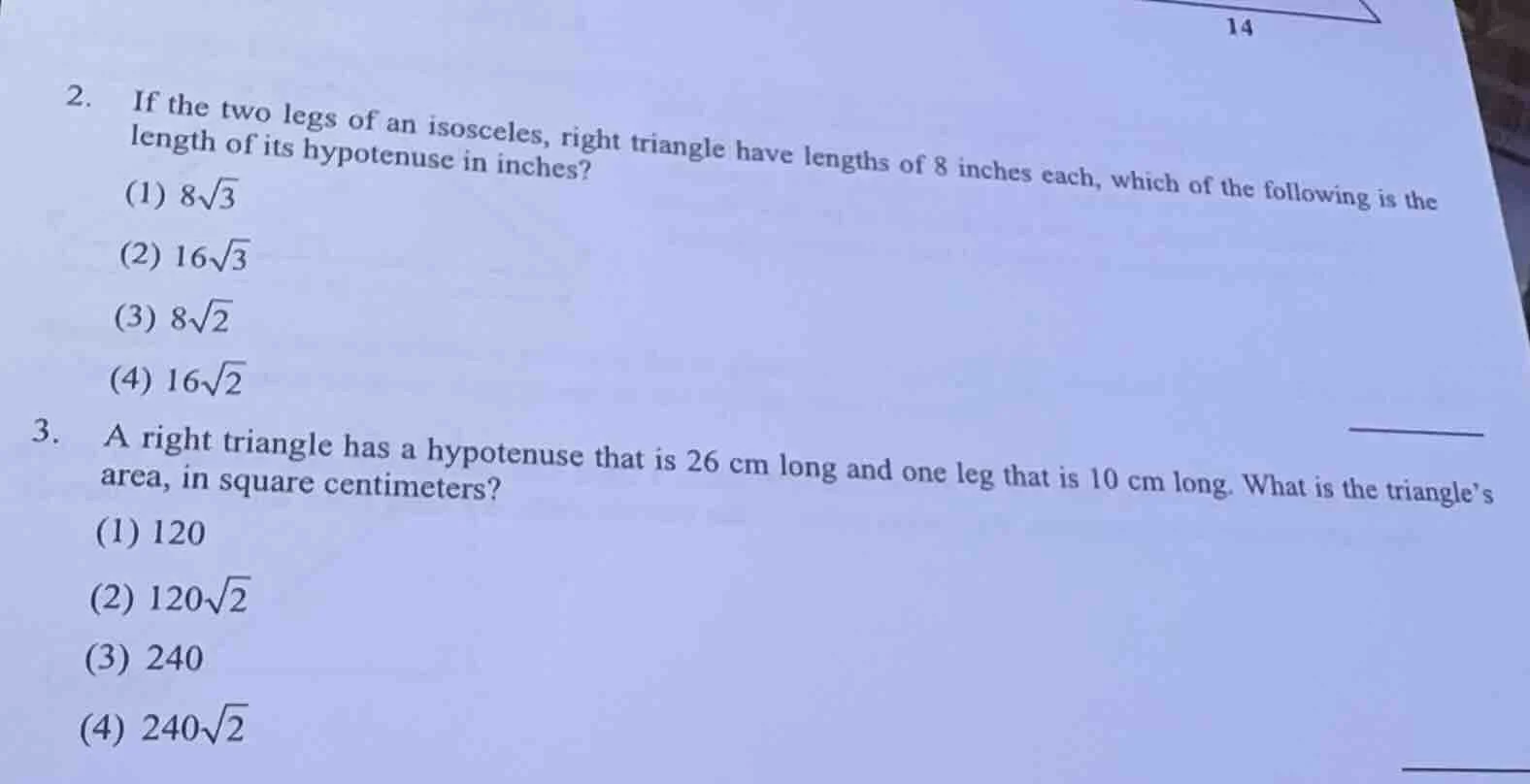 2. if the two legs of an isosceles, right triangle have lengths of 8 in…