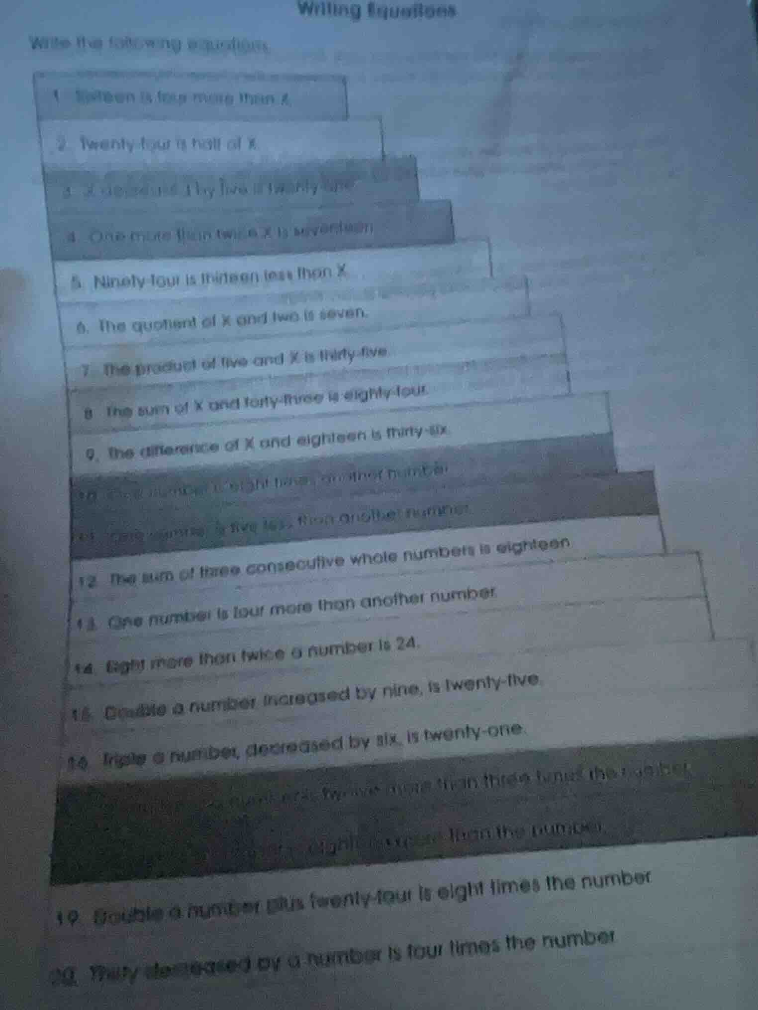 writing equations write the following equations: 1. sixteen is four mor…