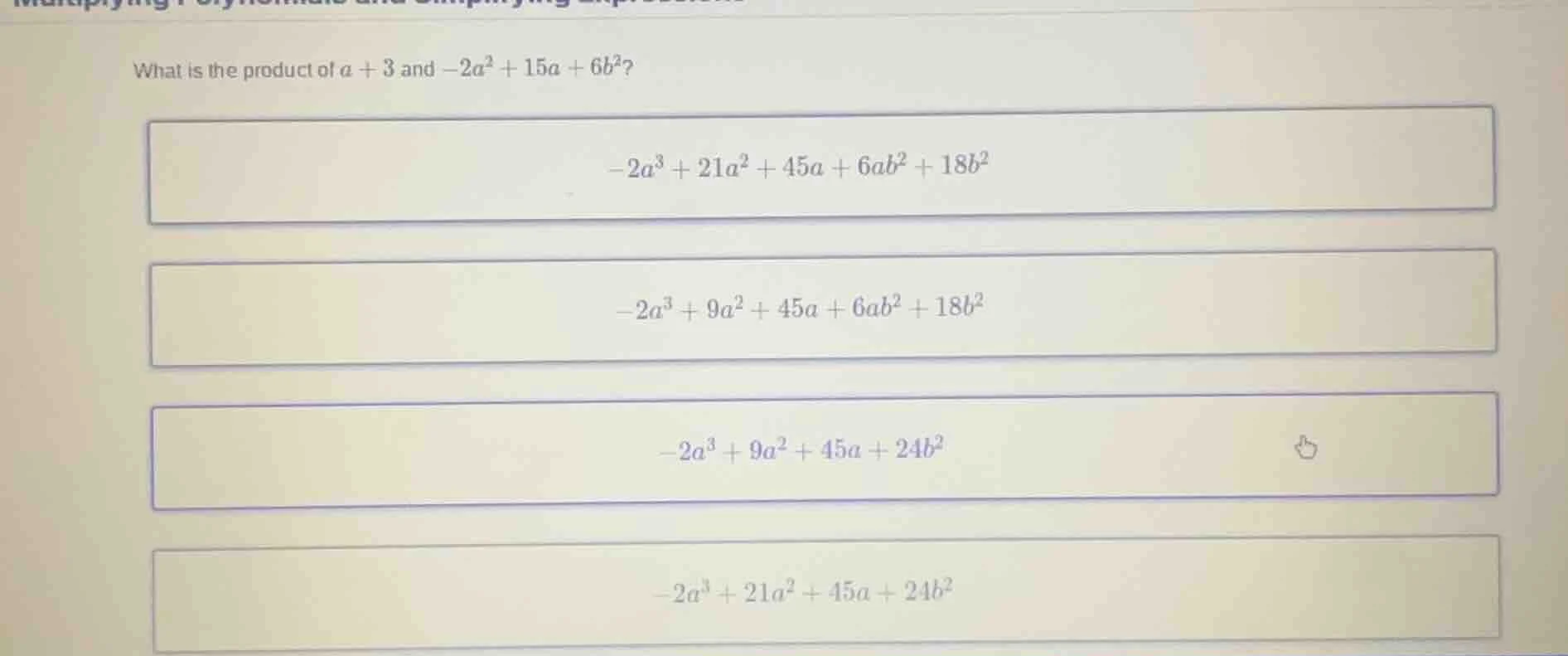 what is the product of $a + 3$ and $-2a^2 + 15a + 6b^2$? $-2a^3 + 21a^2…