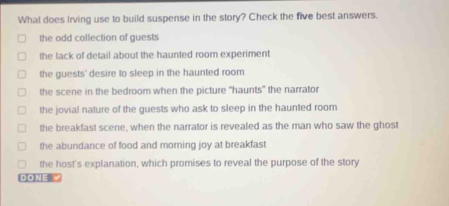 what does irving use to build suspense in the story? check the five bes…