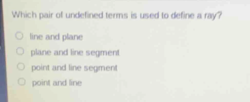 which pair of undefined terms is used to define a ray? line and plane p…