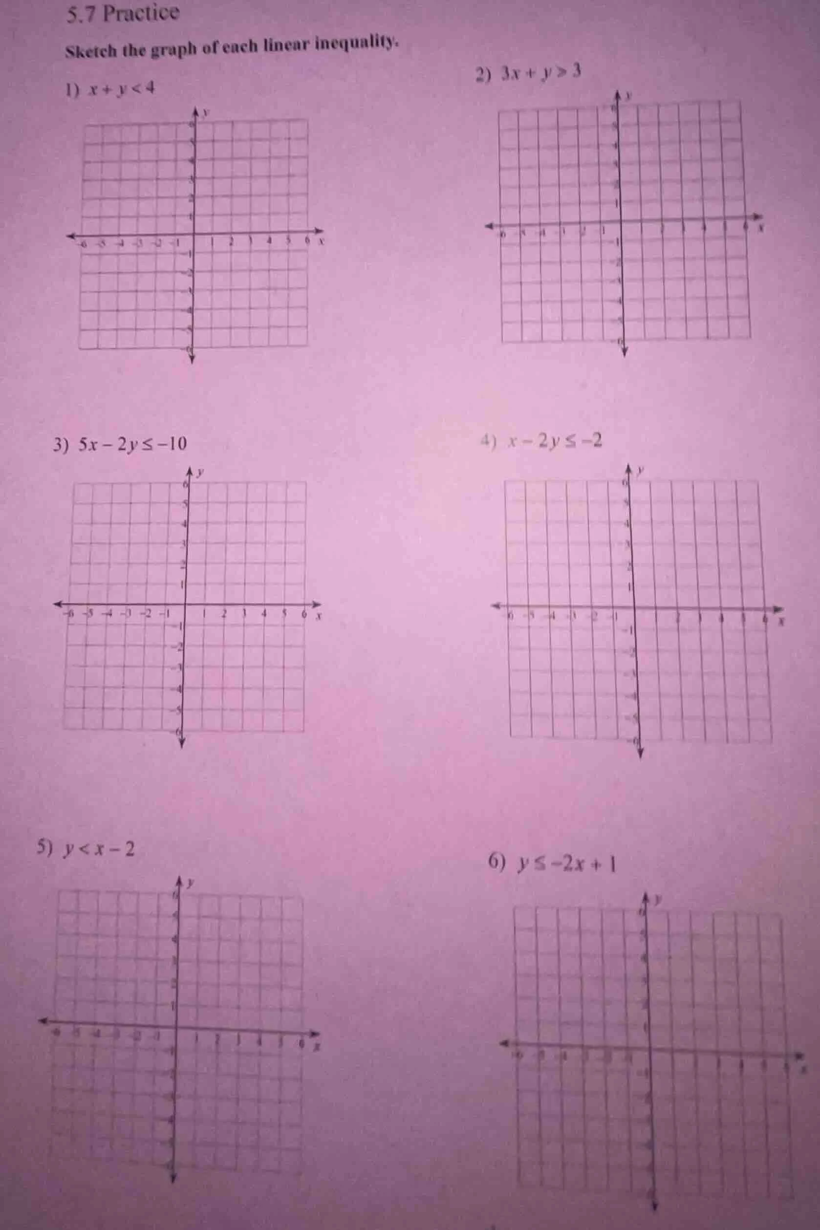 5.7 practice sketch the graph of each linear inequality. 1) $x+y<4$ 2) …