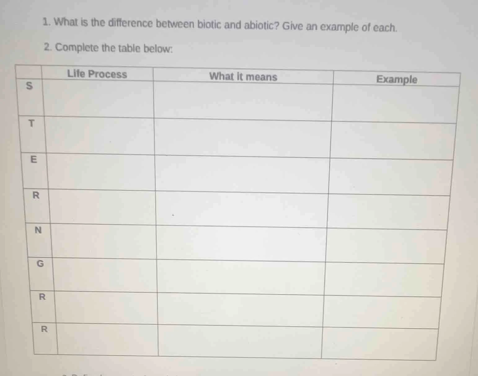 1. what is the difference between biotic and abiotic? give an example o…