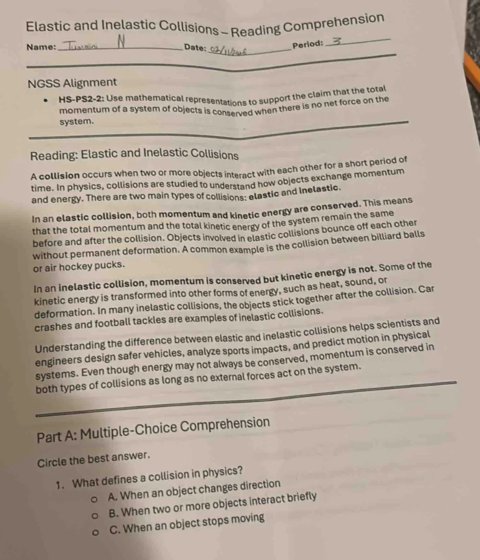 elastic and inelastic collisions – reading comprehension name: date: pe…