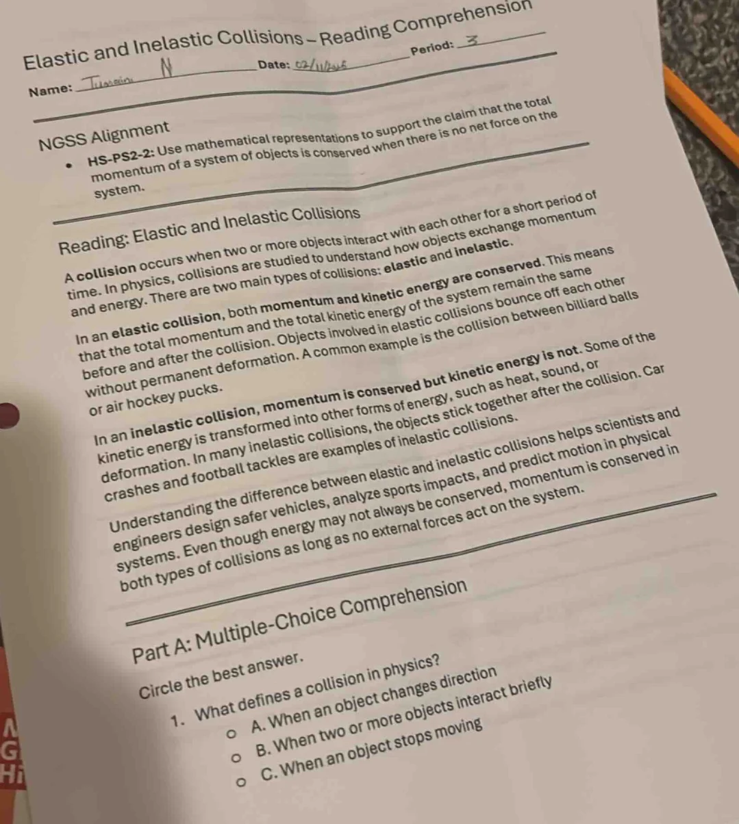 elastic and inelastic collisions – reading comprehensionname: date: 02/…