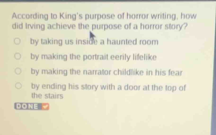 according to kings purpose of horror writing, how did irving achieve th…
