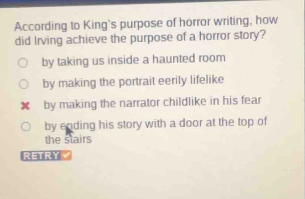 according to kings purpose of horror writing, how did irving achieve th…