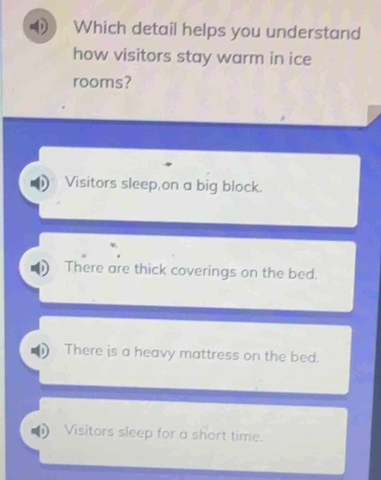 which detail helps you understand how visitors stay warm in ice rooms? …