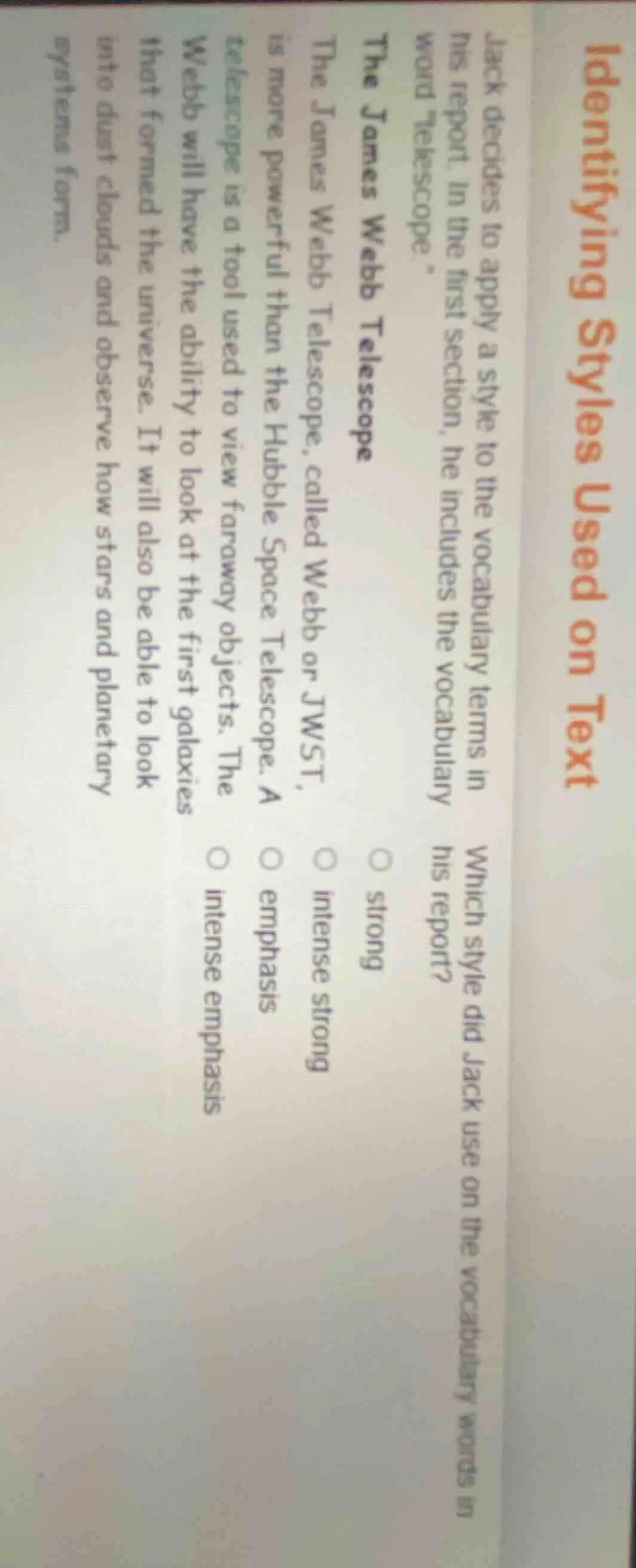 identifying styles used on text jack decides to apply a style to the vo…