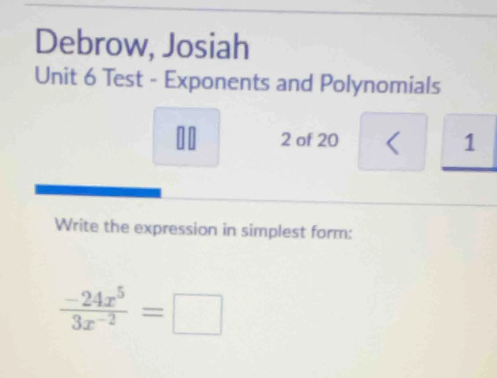 debrow, josiah unit 6 test - exponents and polynomials 2 of 20 write th…
