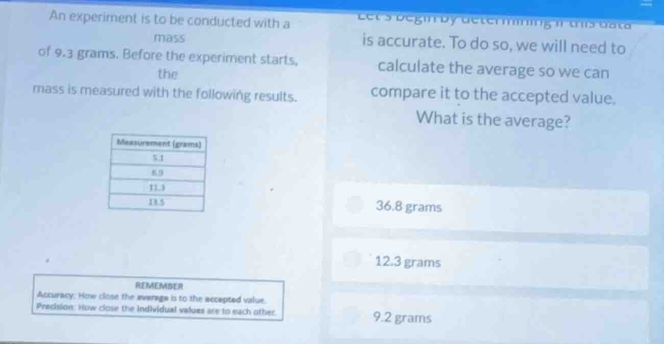 an experiment is to be conducted with a mass of 9.3 grams. before the e…
