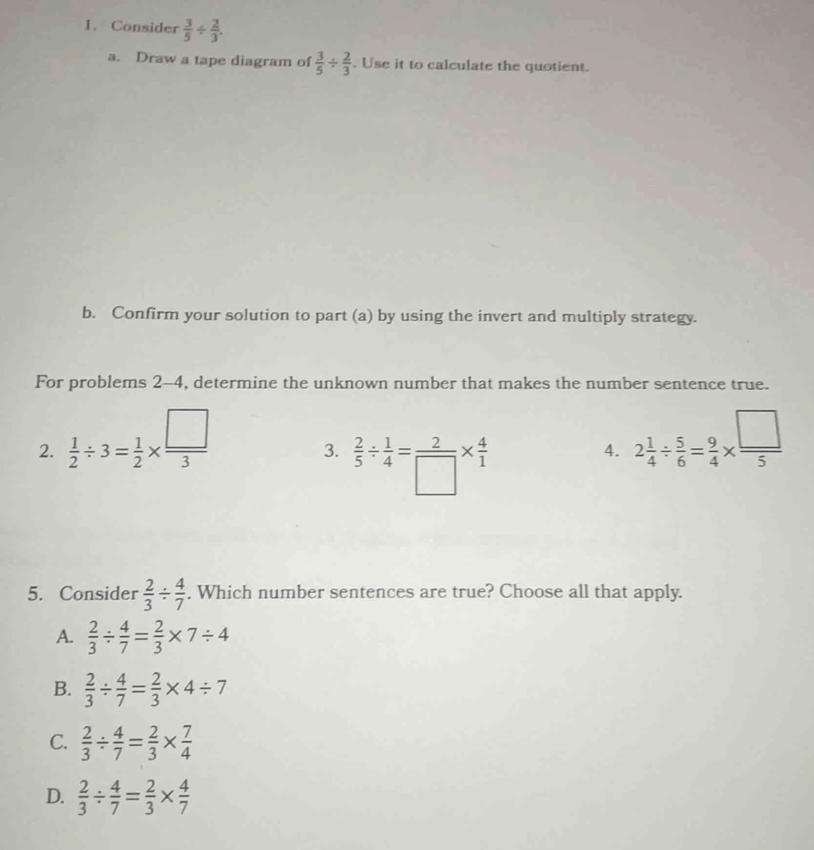 1. consider $\frac{3}{5} div \frac{2}{3}$.a. draw a tape diagram of $\f…