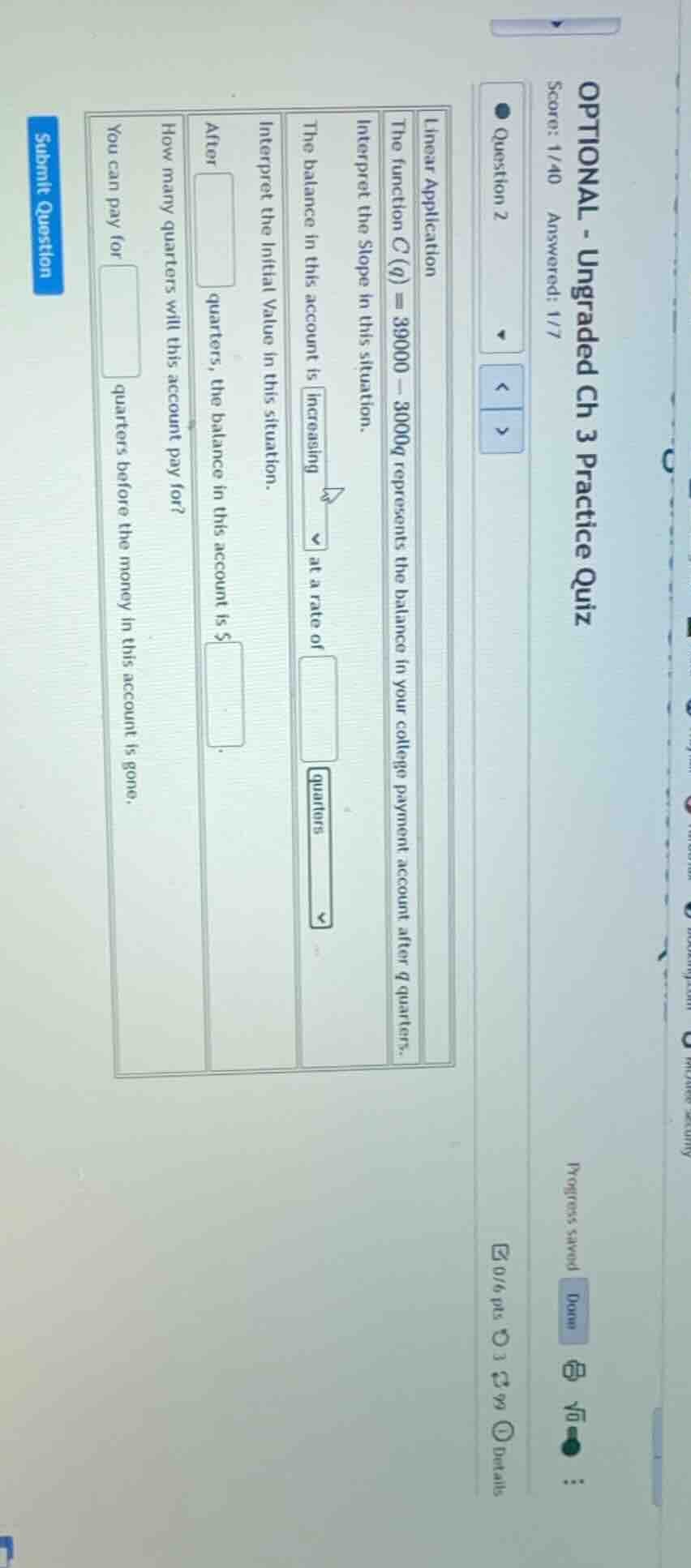 optional - ungraded ch 3 practice quiz score: 1/40 answered: 1/7 questi…