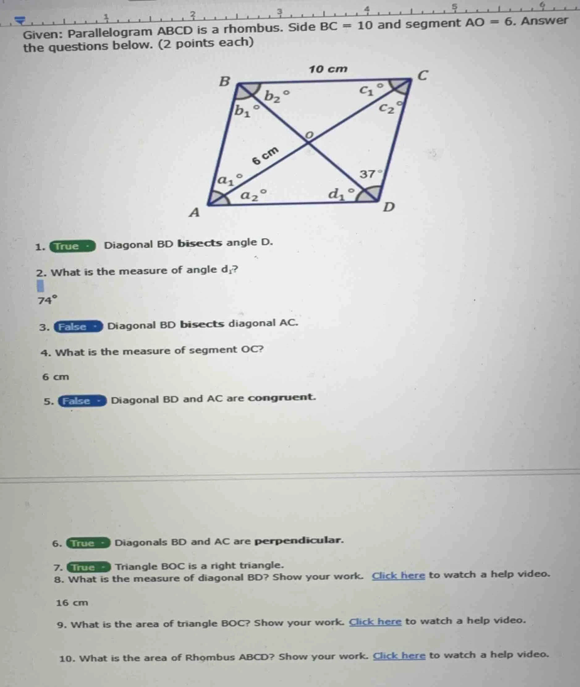given: parallelogram abcd is a rhombus. side bc = 10 and segment ao = 6…