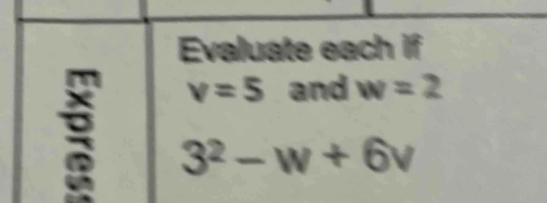 evaluate each if $v=5$ and $w=2$ $3^2 - w + 6v$ express