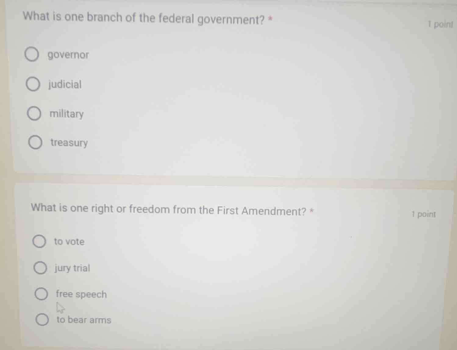 what is one branch of the federal government? * 1 point governor judici…