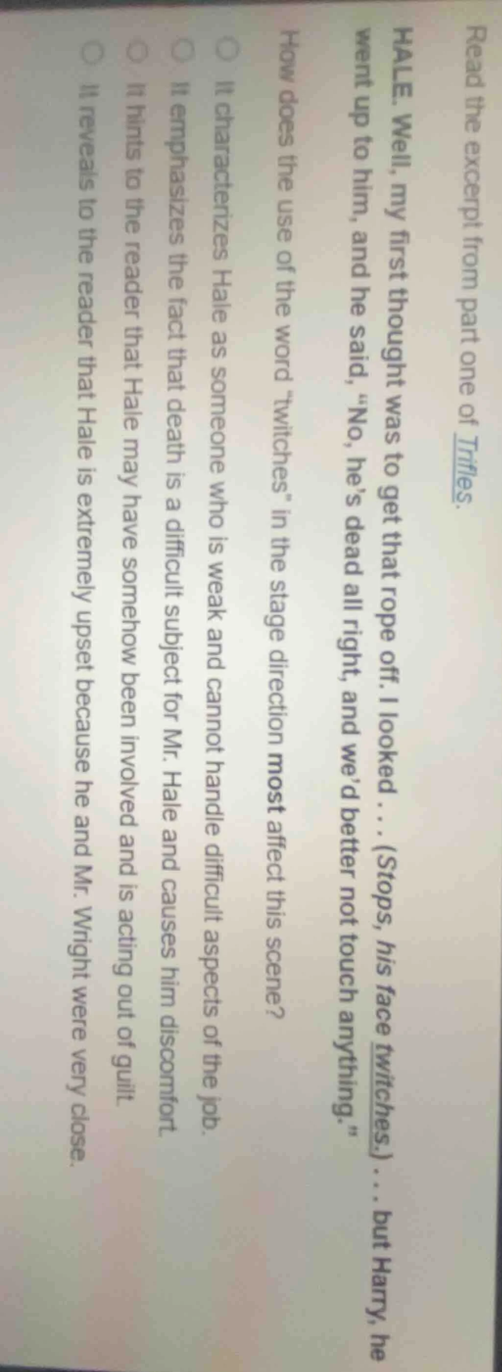 read the excerpt from part one of trifles.hale. well, my first thought …