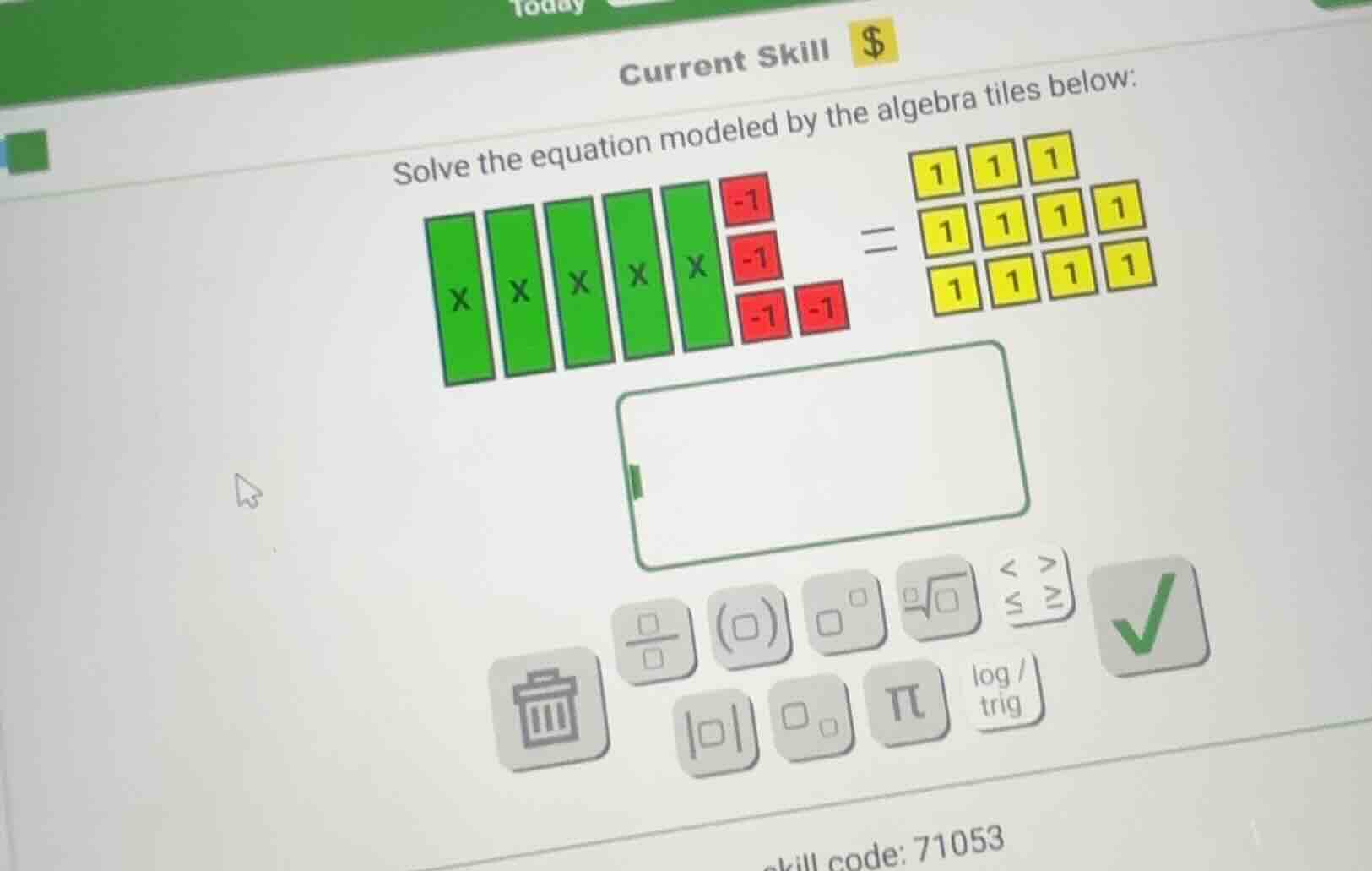current skill $solve the equation modeled by the algebra tiles below:sk…