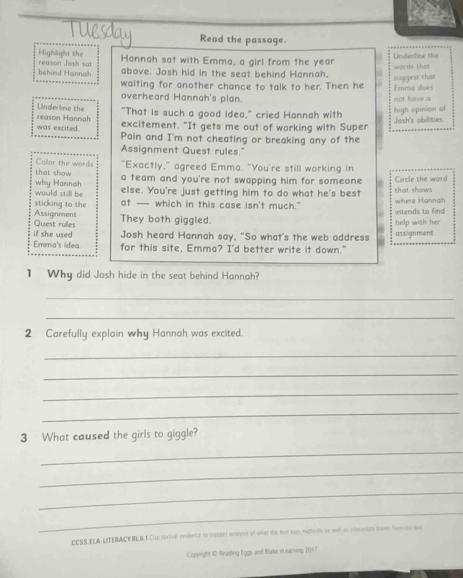 tuesday read the passage. highlight the reason josh sat behind hannah. …