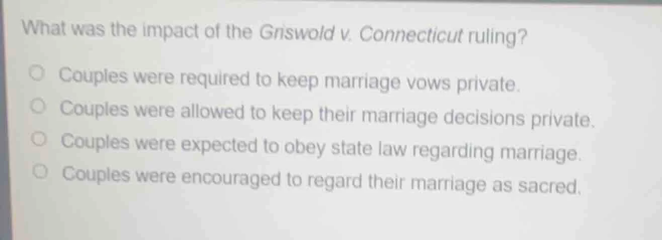 what was the impact of the griswold v. connecticut ruling? ○ couples we…