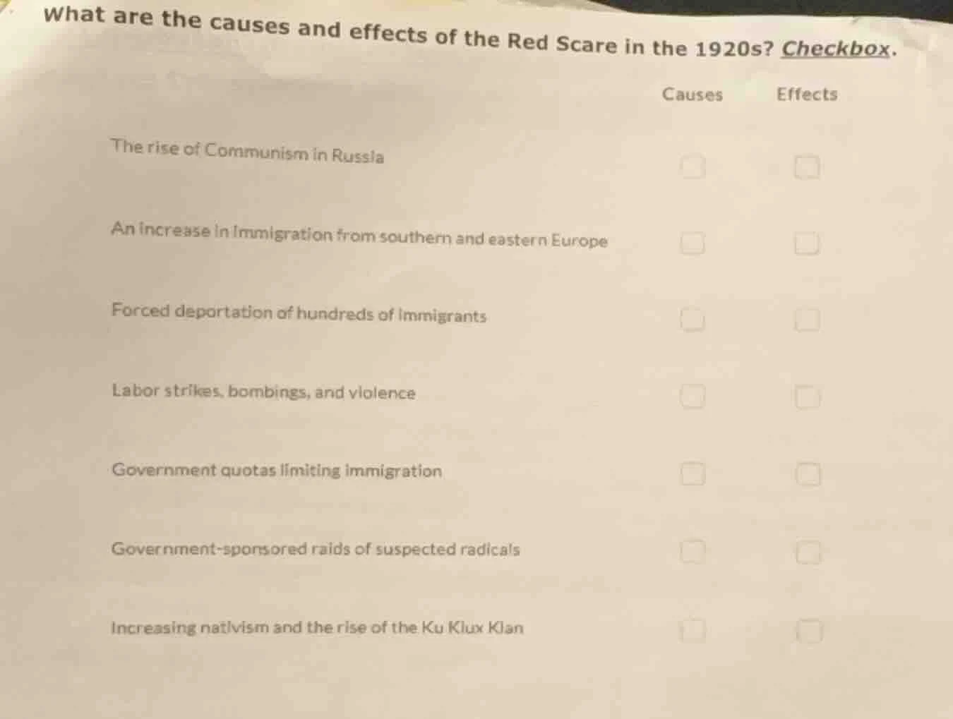 what are the causes and effects of the red scare in the 1920s? checkbox…