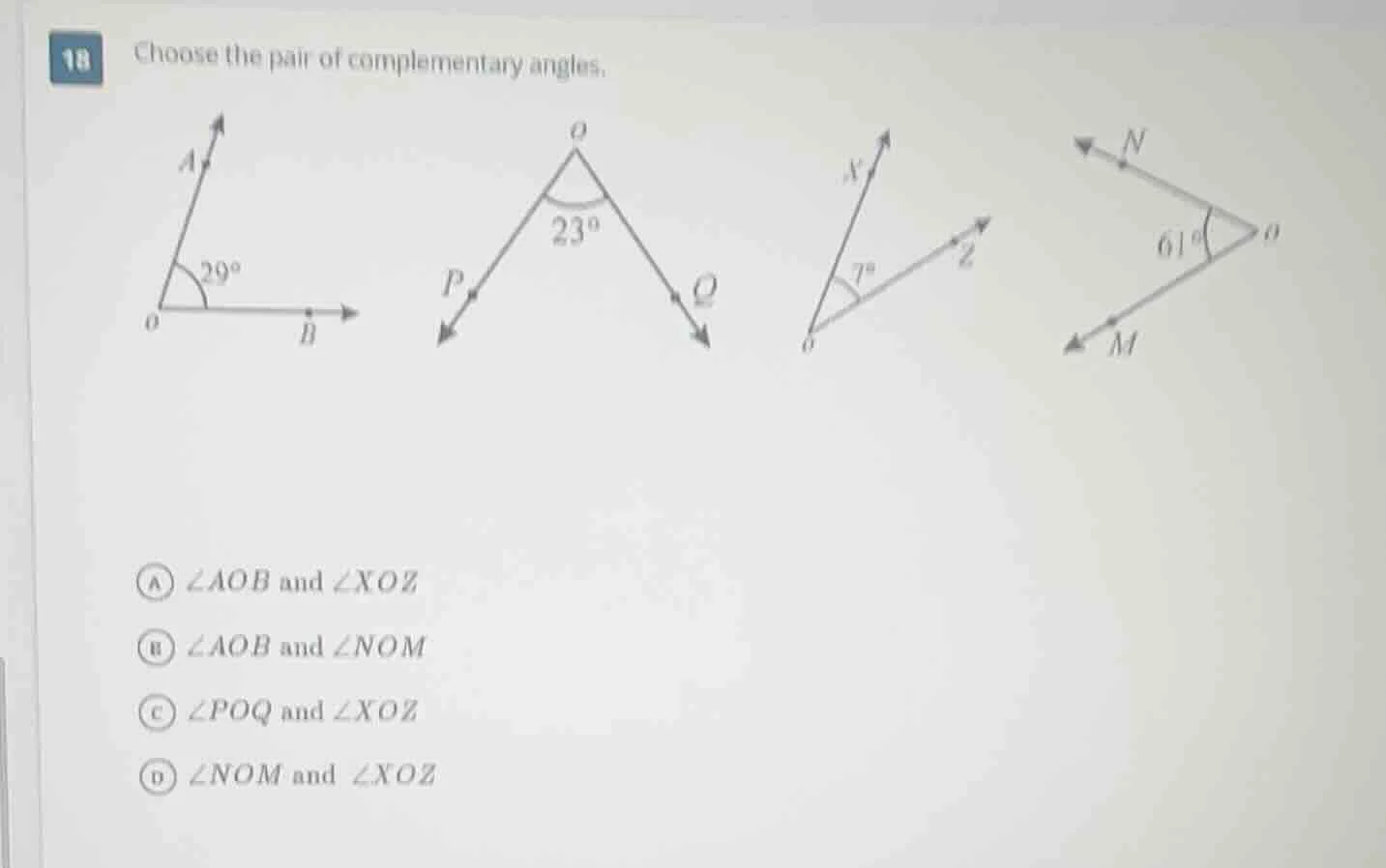 18 choose the pair of complementary angles.$angle aob = 29^circ$, $angl…