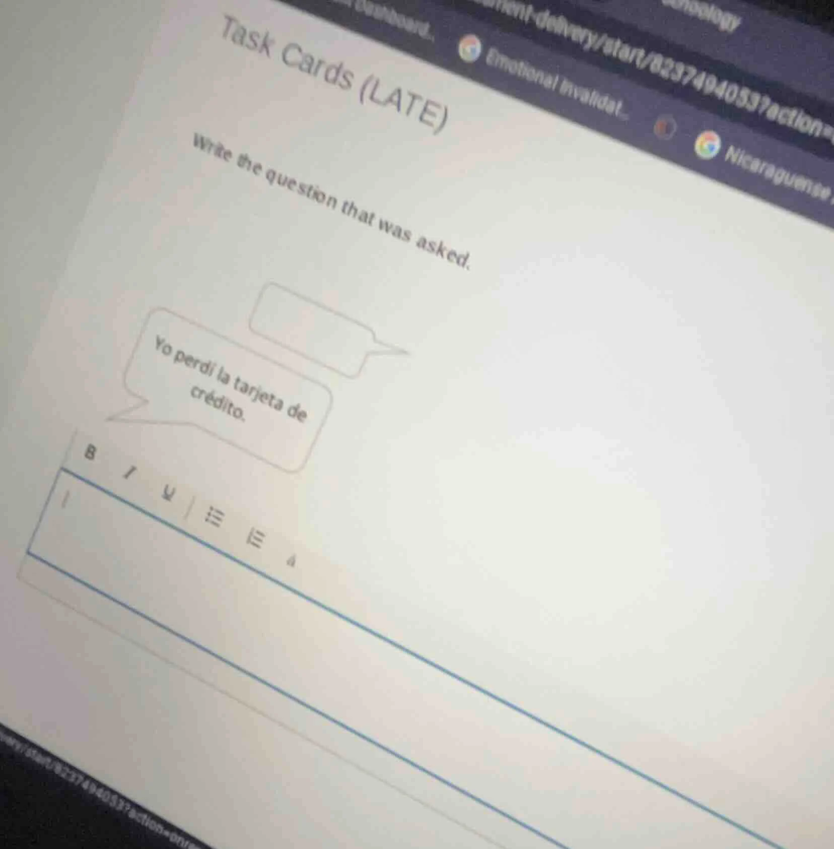 task cards (late)write the question that was asked.yo perdi la tarjeta …