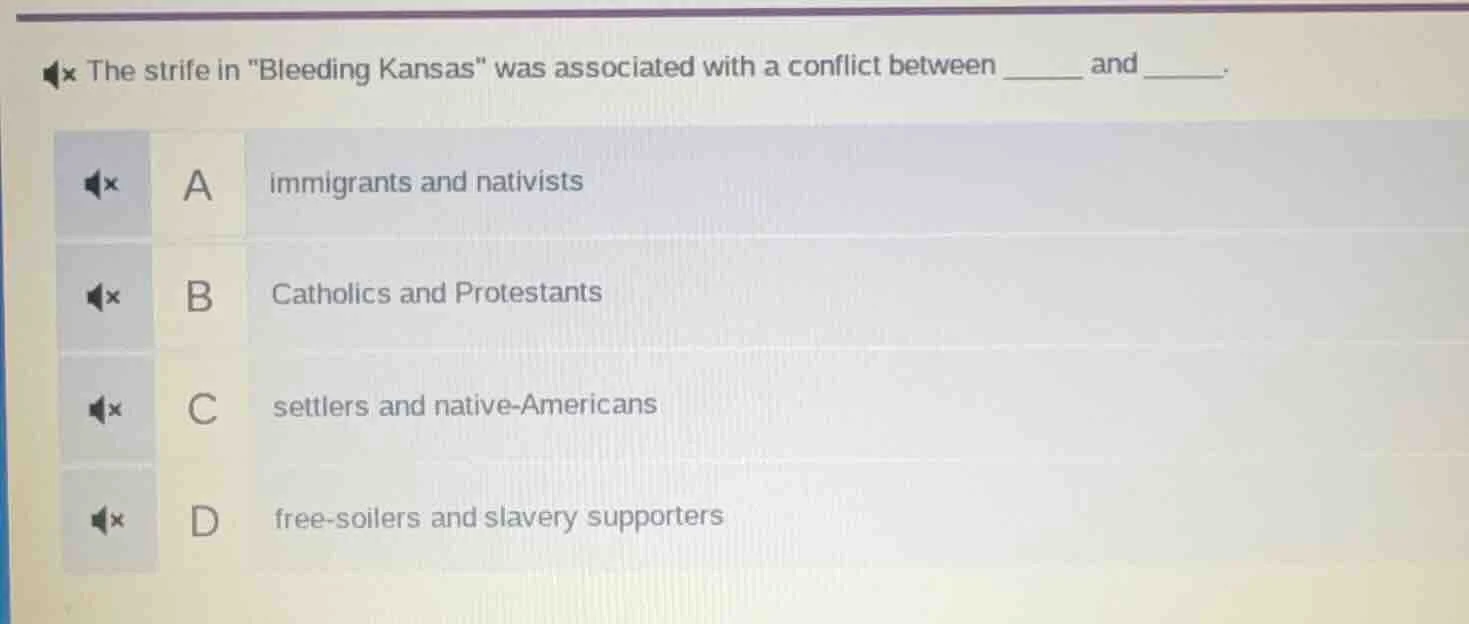 the strife in \bleeding kansas\ was associated with a conflict between …