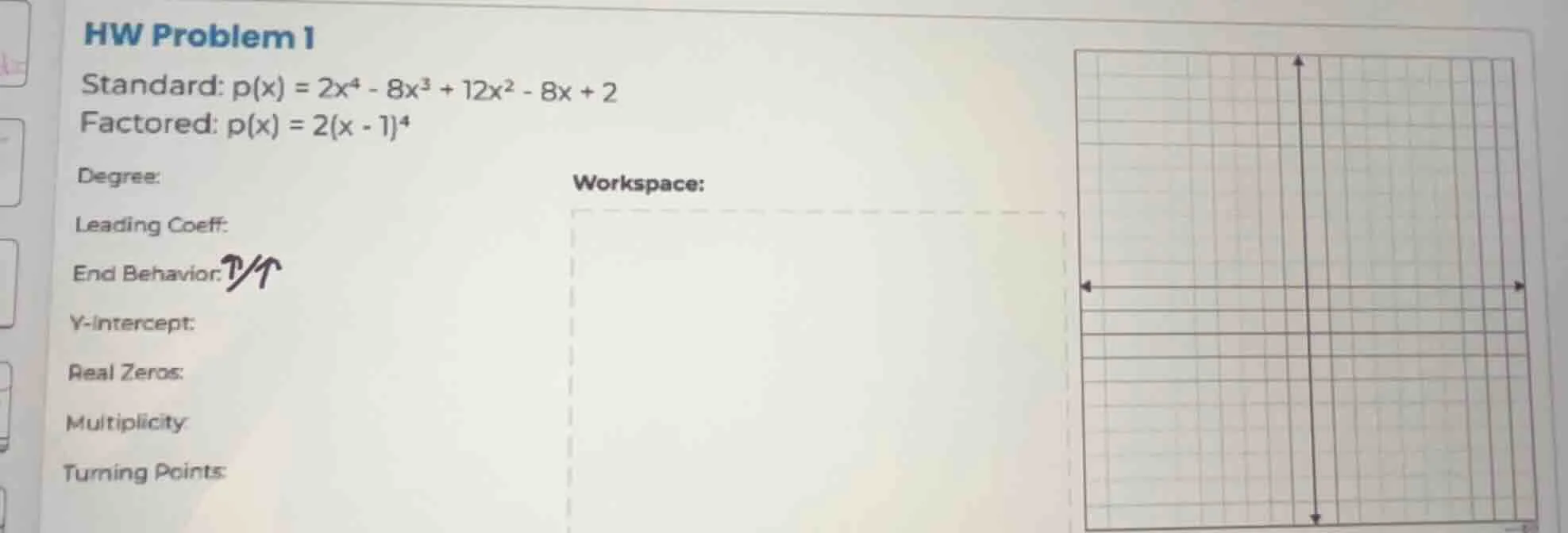 hw problem 1 standard: $p(x) = 2x^4 - 8x^3 + 12x^2 - 8x + 2$ factored: …