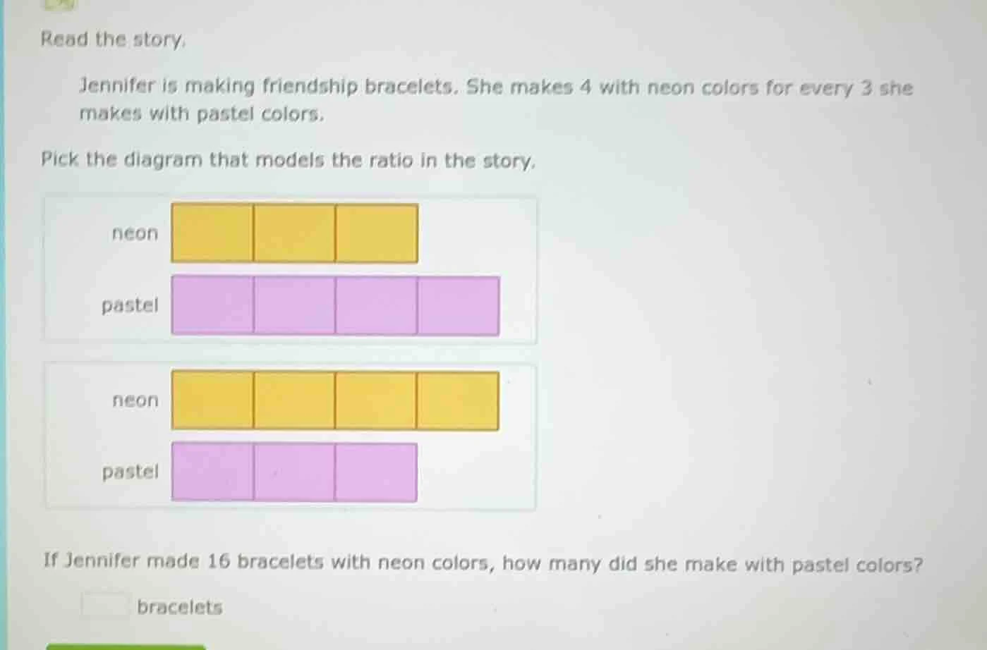 read the story. jennifer is making friendship bracelets. she makes 4 wi…