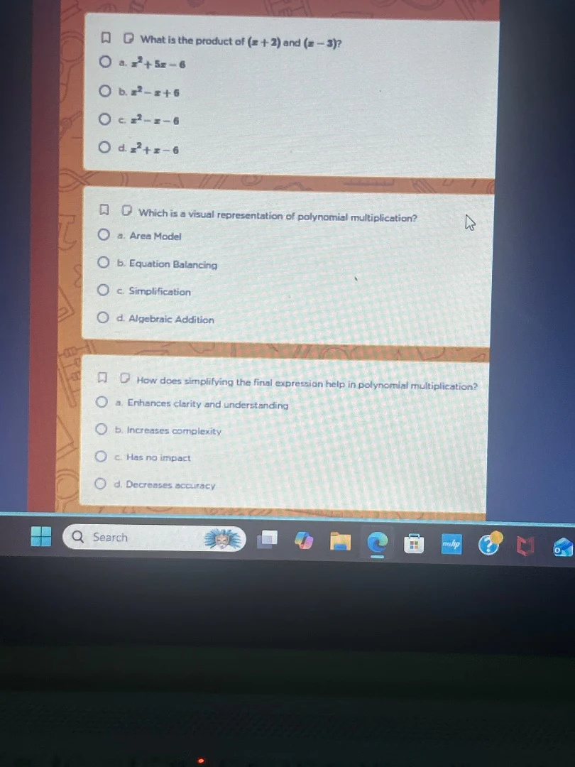 1. what is the product of $(x + 2)$ and $(x - 3)$? a. $x^{2}+5x - 6$ b.…