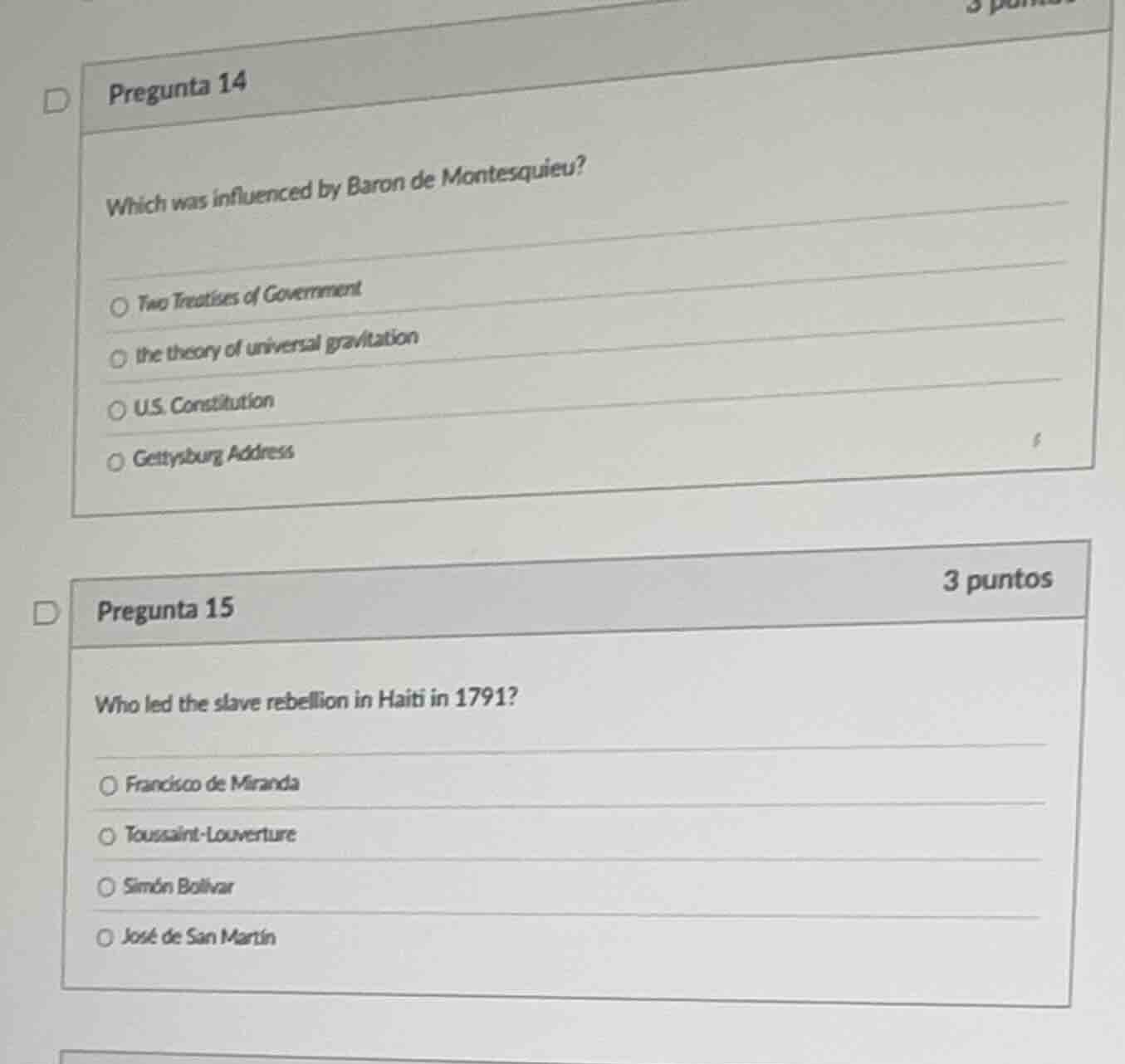 pregunta 14 which was influenced by baron de montesquieu? ○ two treatis…