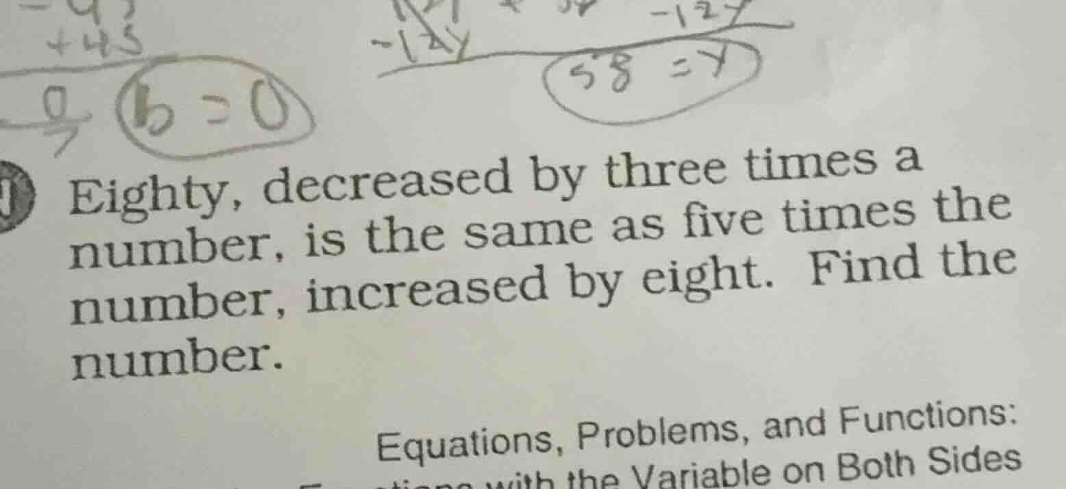 eighty, decreased by three times a number, is the same as five times th…