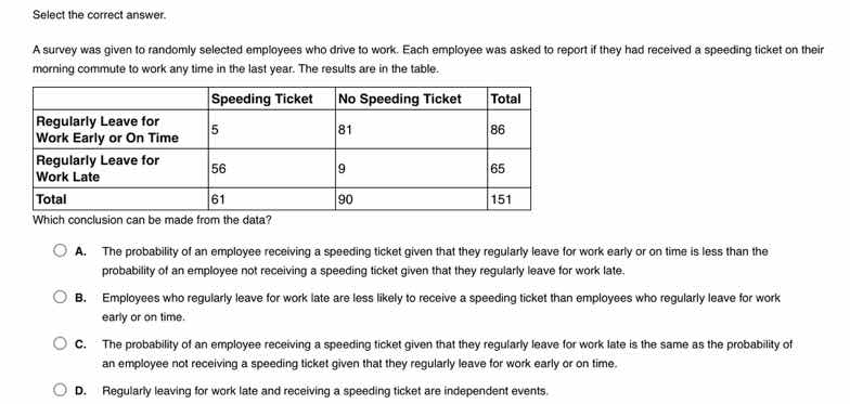 select the correct answer. a survey was given to randomly selected empl…