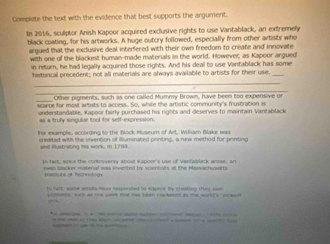 complete the text with the evidence that best supports the argument. in…