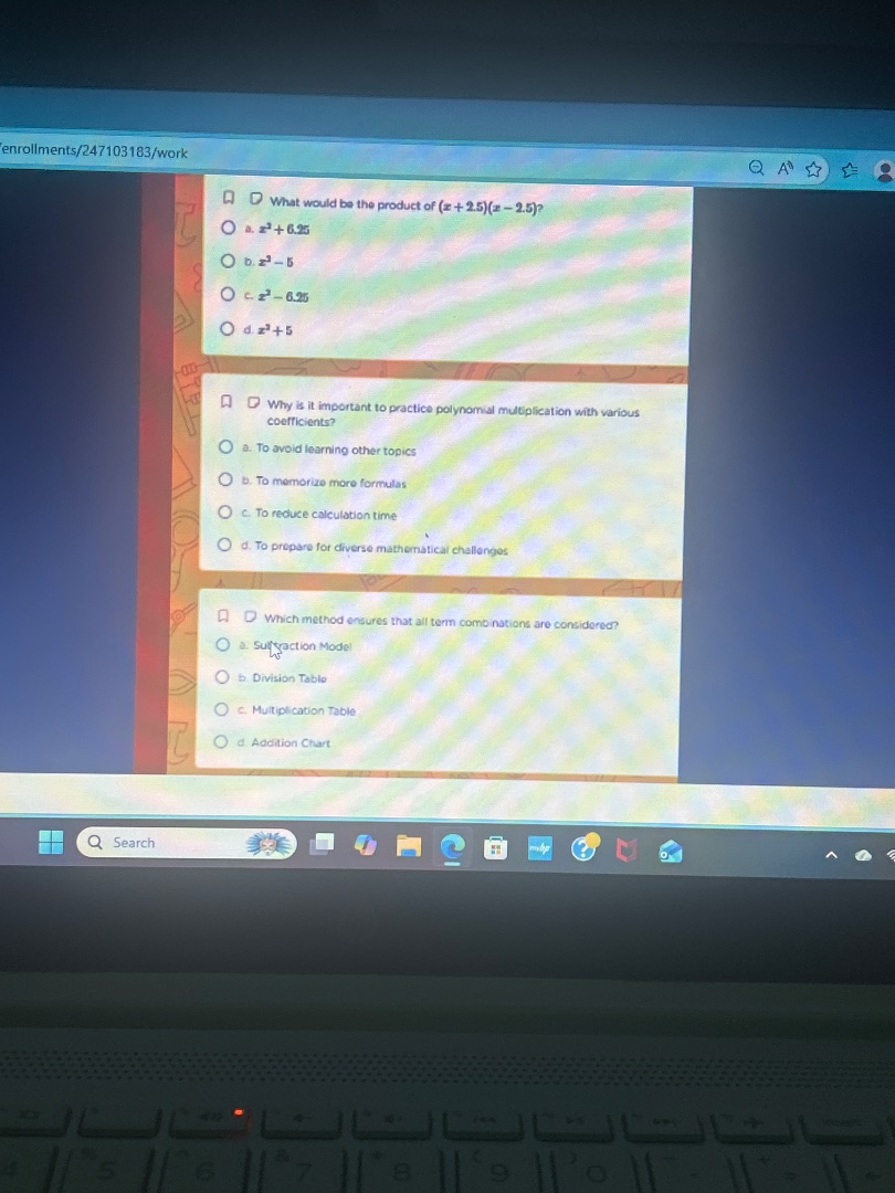 1. what would be the product of $(x+2.5)(x-2.5)$? a. $x^2 + 6.25$ b. $x…